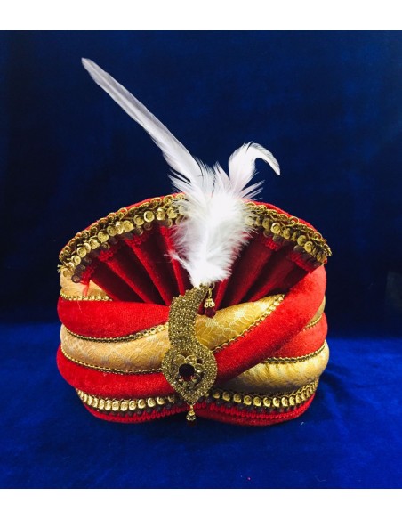 Chapeau traditionnel indien Pagdi Turban indienne Coiffe Rouge et Beige  - 3