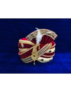Chapeau traditionnel indien Pagdi Turban indienne Coiffe Beige et rouge bordeaux  - 1