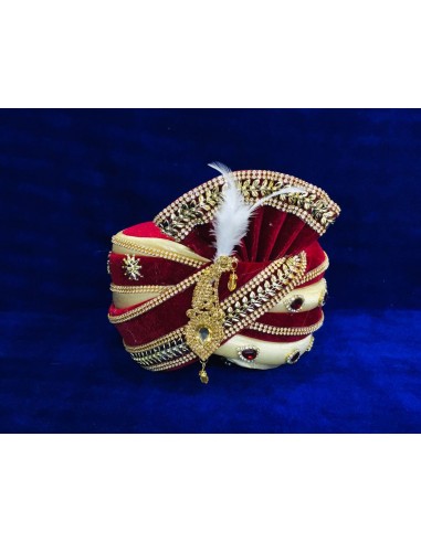 Chapeau traditionnel indien Pagdi Turban indienne Coiffe Beige et rouge bordeaux  - 2