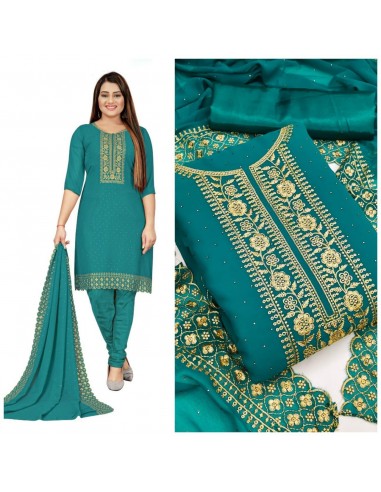 Robe indienne Salwar Kameez Churidar Anarkali Bleu vert Dore Man21  - 1