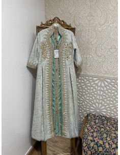 Caftan enfant fille satin vert d'eau et brocard doré  - 1