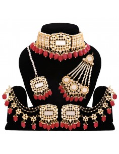 Parure indienne Bollywood Mariage complet 5 pieces doré Rouge  - 1