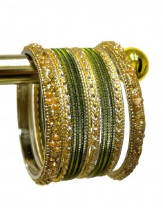 Bangles bracelets indien Perlé vert olive et doré  - 1