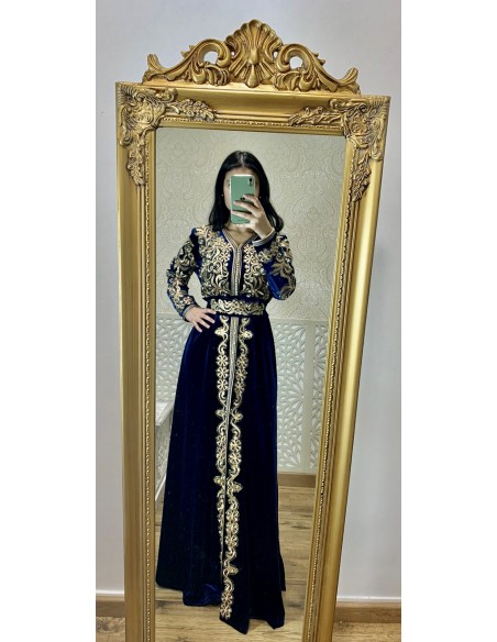 Caftan Takchita Robe oriental abaya velours bleu marine  - 5