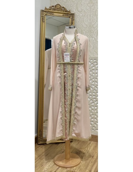 Caftan enfant fille Kaftan satin et mousseline rose et doré  - 1