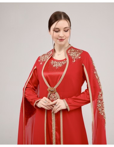 Caftan Takchita abaya Robe oriental Rouge Broche  - 4
