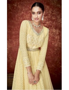Tenue indienne Longue Ameera Salwar Kameez Churidar Anarkali Jaune Dore  - 1 2