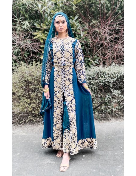 Robe indienne Brodé Haute Gamme SENHORA bleu paon  - 1