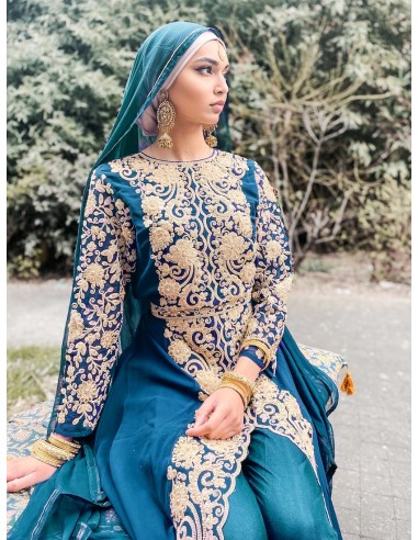 Robe indienne Brodé Haute Gamme SENHORA bleu paon  - 2