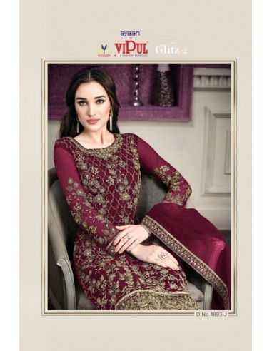 Tenue indienne churidar Brodé Vipul Rouge dore  - 2