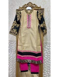 Robe indienne enfant fille pas cher churidar Nita Beige Rose  - 1 2
