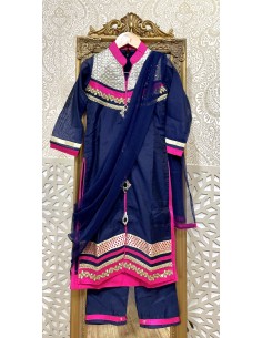 Robe indienne enfant fille pas cher churidar Nita Bleu marine rose  - 1
