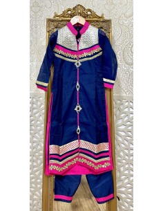 Robe indienne enfant fille pas cher churidar Nita Bleu marine rose  - 1 2