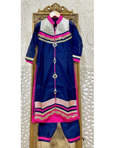 Robe indienne enfant fille pas cher churidar Nita Bleu marine rose  - 2
