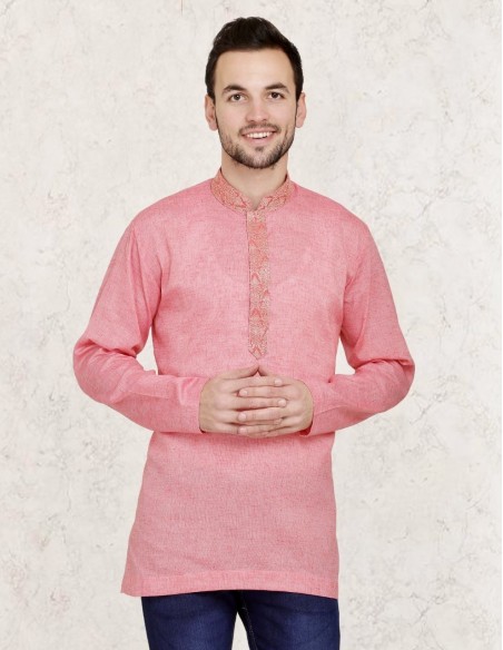 Tunique indien homme rose saumon brodé PAV  - 1