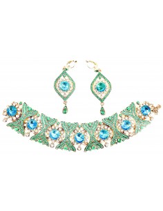 Parure bijoux collier ras de cou Bleu turquoise et dore  - 1