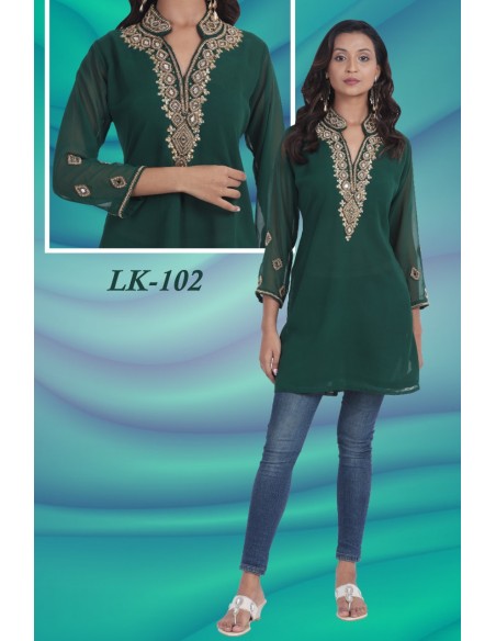 Tunique kurti indienne ethnique perlé Vert et doré MY22  - 3