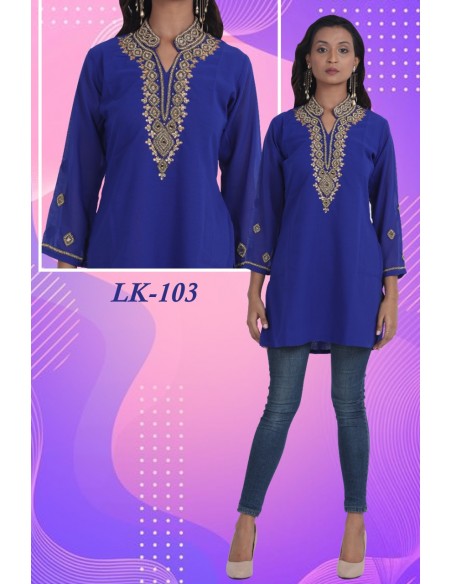 Tunique kurti indienne ethnique perlé Bleu et doré MY22  - 3