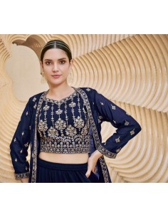 Lehenga sari Choli Fiona Veste brodé chic moderne Bleu  - 1 2
