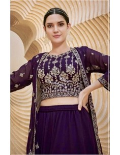 Lehenga sari Choli Fiona Veste brodé chic moderne Prune  - 1 2
