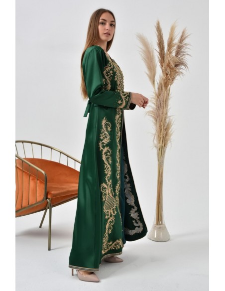 Caftan marocain Vert Satin robe oriental Chic moderne MY22  - 3