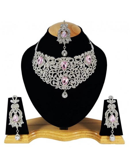 Parure Bijoux collier indien Argenté Rose pale  Bijoux indiens