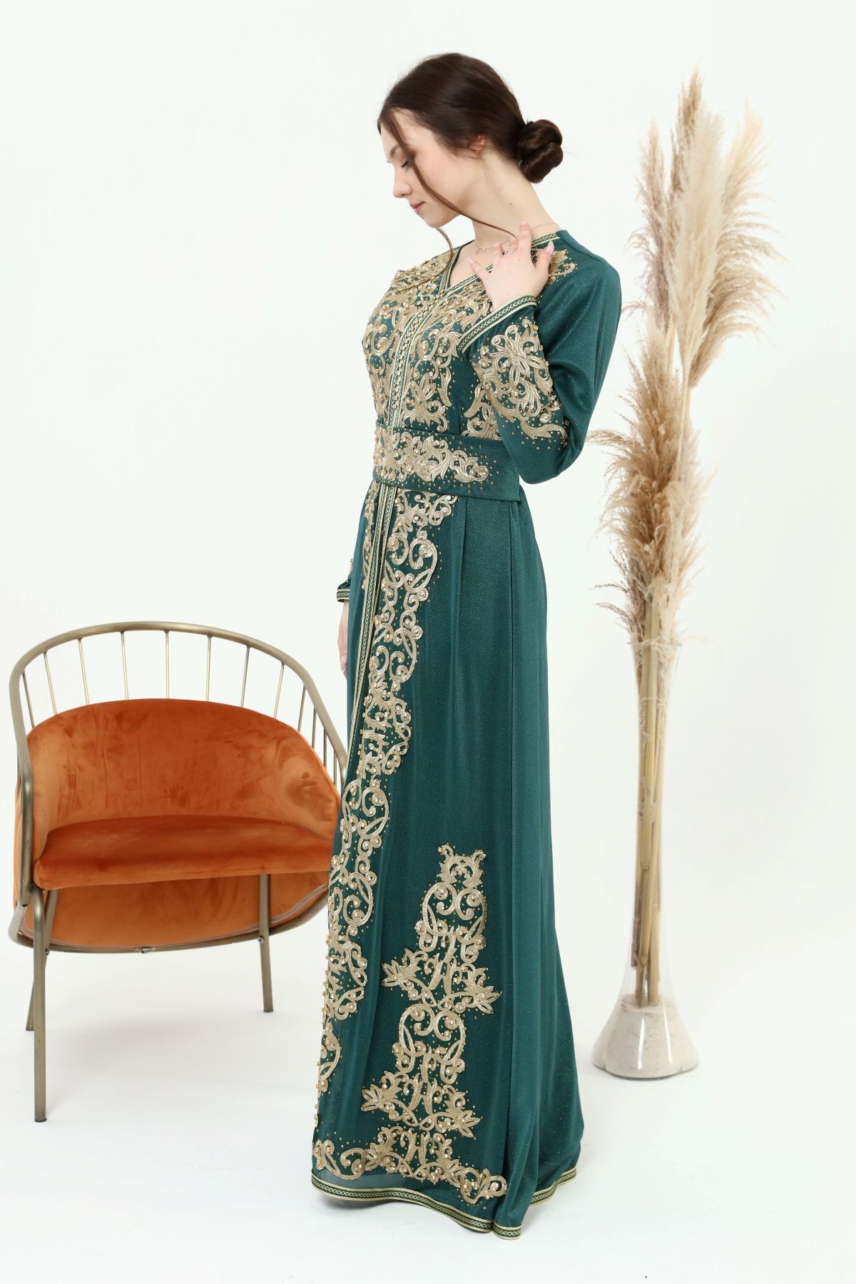 Caftan marocain Bleu Vert Dore robe oriental Chic moderne MY22 Caft