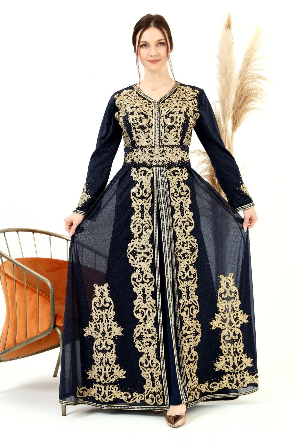Caftan marocain Bleu marine Dore robe oriental Chic moderne MY22 Ca