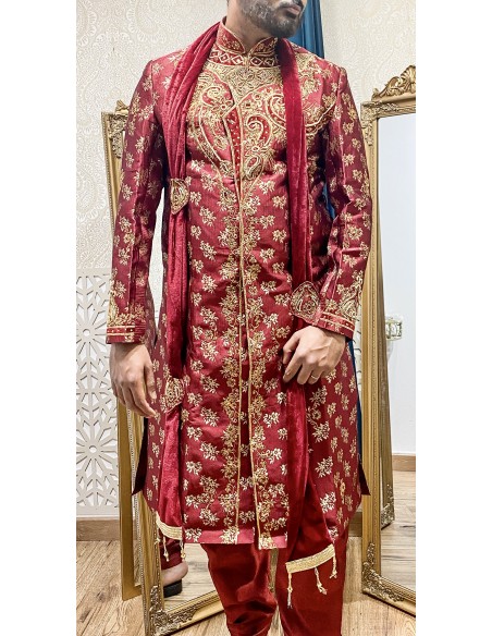 Sherwani Homme Mariage Luxe Bordeaux/Brodé Or – Tenue Indienne Traditionnelle & Costume Oriental Cérémonie  - 3