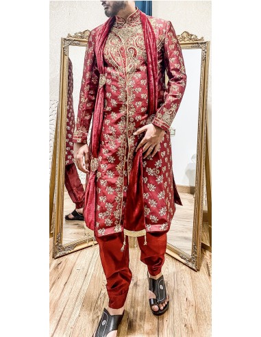 Sherwani Homme Mariage Luxe Bordeaux/Brodé Or – Tenue Indienne Traditionnelle & Costume Oriental Cérémonie  - 5