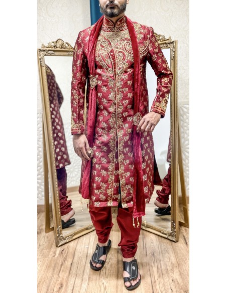 Sherwani Homme Mariage Luxe Bordeaux/Brodé Or – Tenue Indienne Traditionnelle & Costume Oriental Cérémonie  - 1
