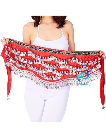 Ceinture de danse orientale Belly dance Rouge 300 pieces dore  - 1