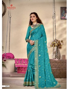 Sari indien Kalista prêt à porter Bleu turquoise et dore  - 1