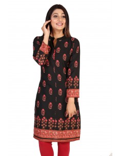 Tunique indienne ethnique kurti long Rouge noir bohème JUIN22  - 1