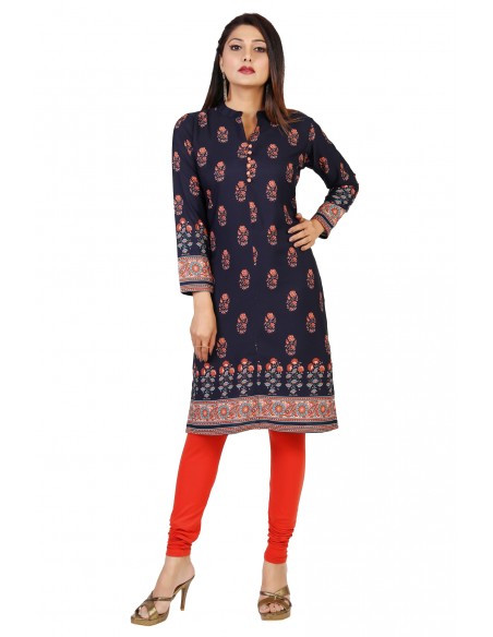 Tunique indienne ethnique kurti long Bleu nuit bohème JUIN22  - 2