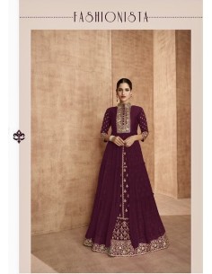 Lehenga sari Choli Shaina brodé evase Prune  - 1 2