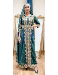 Robe indienne style afghane Noorja Vert Dore  - 1