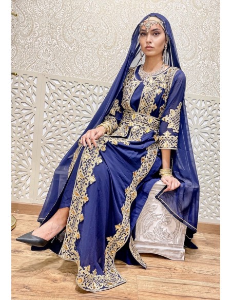 Robe indienne style afghane Noorja Bleu Dore  - 2