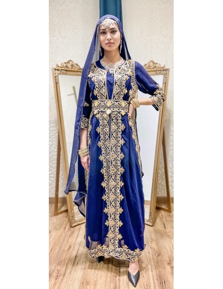 Robe indienne style afghane Noorja Bleu Dore  - 1