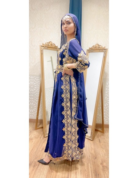 Robe indienne style afghane Noorja Bleu Dore  - 3