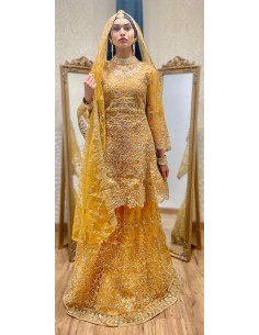 tenue indienne ensemble jupe dulhan jaune  - 1