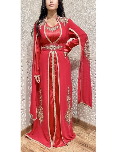 Caftan Takchita abaya Robe oriental Rouge Broche  - 2