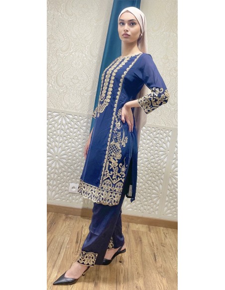 Robe pakistanaise indienne salwar kameez churidar MAARIA Bleu  - 3