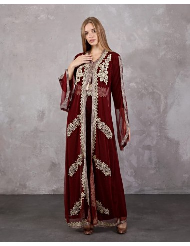 Caftan marocain Rouge Bordeaux Dore robe oriental AOT22  - 2