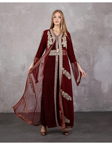 Caftan marocain Rouge Bordeaux Dore robe oriental AOT22  - 3