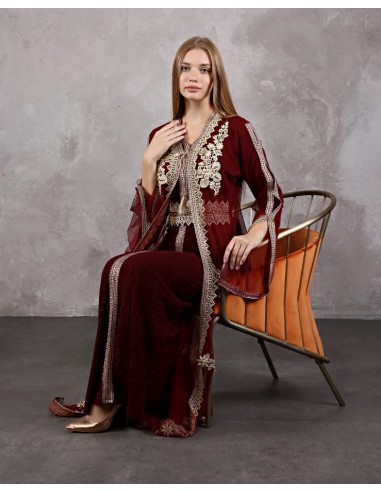Caftan marocain Rouge Bordeaux Dore robe oriental AOT22  - 1