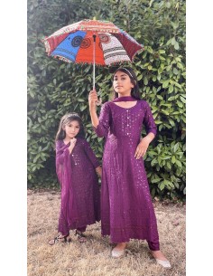 Robe Pakistanaise enfant bébé pas cher churidar Gulkhan prune  - 1 2