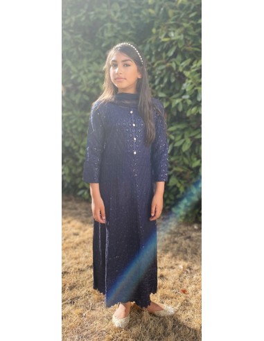 Robe Pakistanaise enfant fille pas cher churidar Gulkhan Bleu  - 2