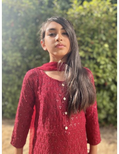 Robe Pakistanaise enfant fille pas cher churidar Gulkhan bordeaux  - 3