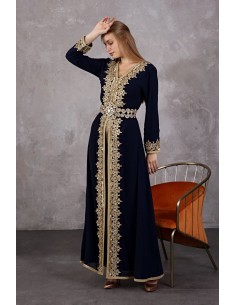 Caftan marocain Bleu marine Dore robe oriental Chic moderne AOUT22  - 1